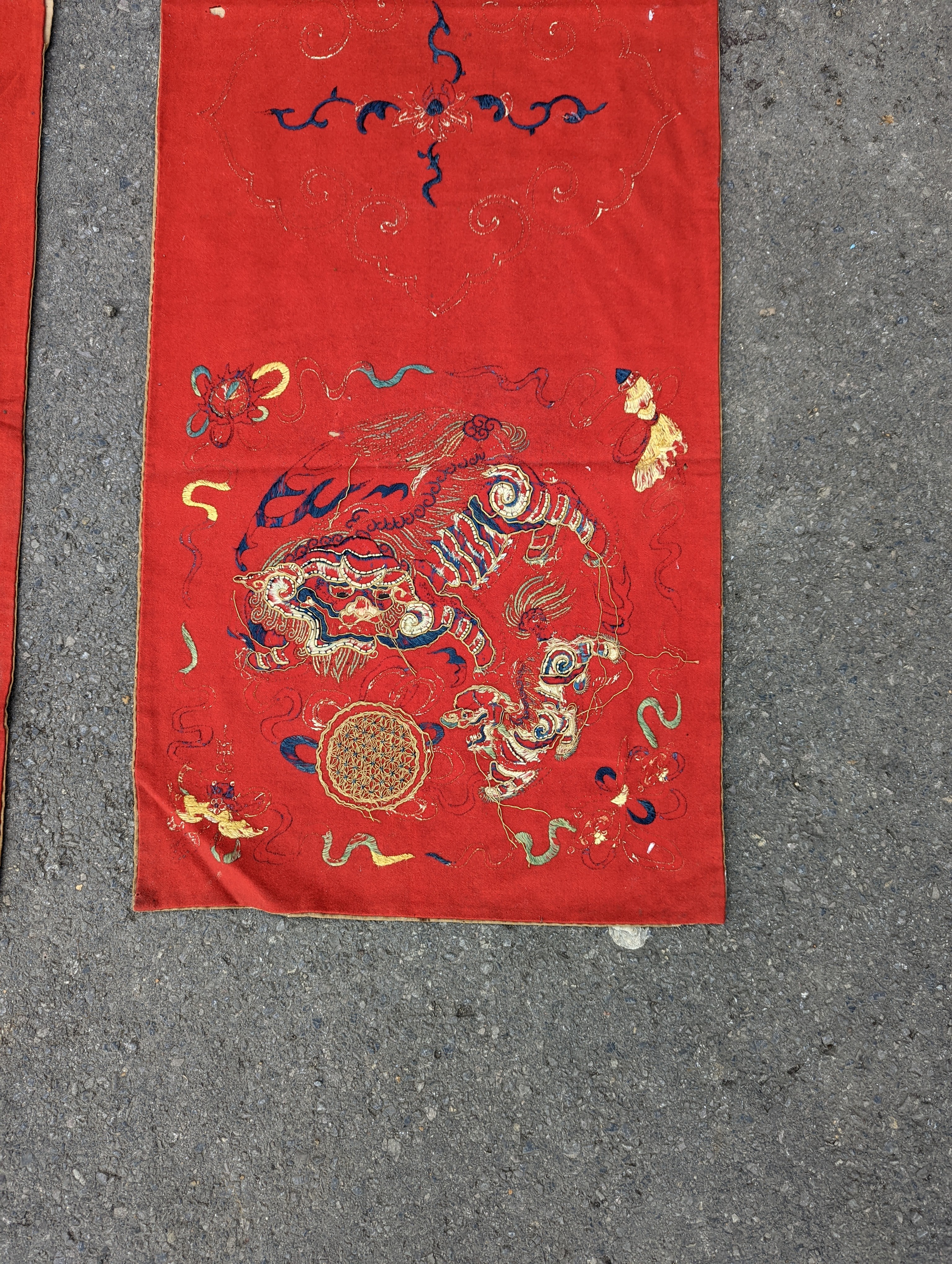 A pair of Chinese silk embroidered wall hangings, 46 x 152cm